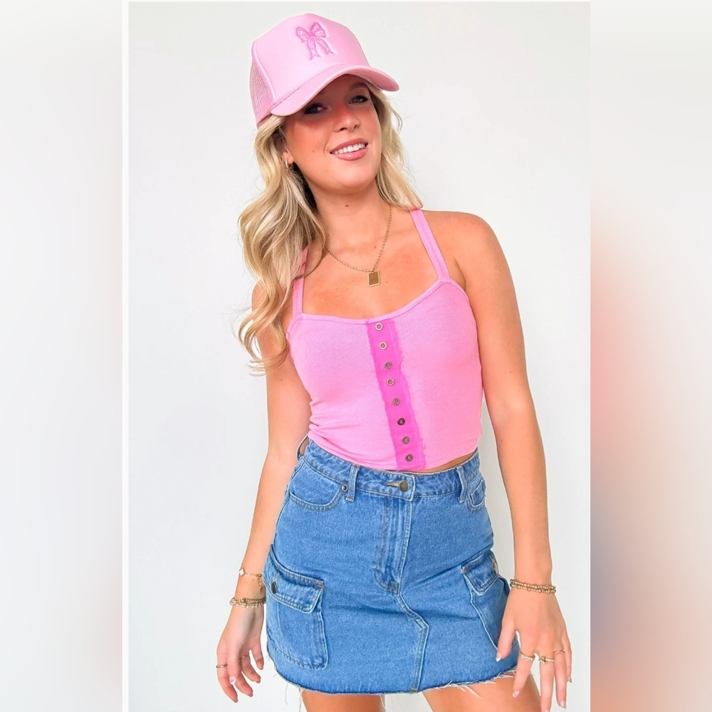 POL Pink Sleeveless Crop Tank Top With Criss-Cross Straps & Faux Buttons
